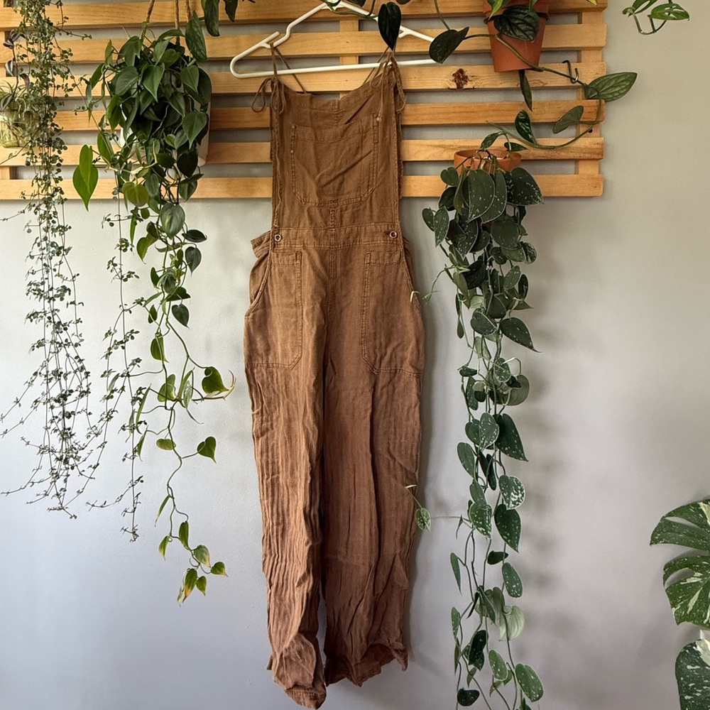 Free People Natural Sights Brown Linen Blend Oversized Slouchy Overalls Size S